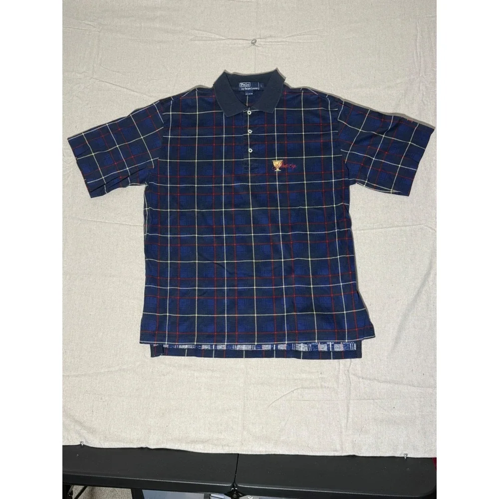 Polo Ralph Lauren The Presidents Cup Plaid Polo Shirt Mens Large Navy Blue L